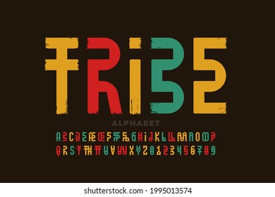 Tribal style font, alphabet letters and numbers vector illustration