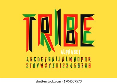 Tribal style font design, capital alphabet letters and numbers, vector illustration