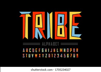 Tribal style font design, capital alphabet letters and numbers, vector illustration