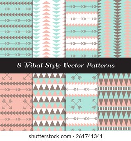 Padrões geométricos de Estilo Tribal em Verde Menta, Rosa Coral, Castanho Taupe e Triângulos e Flechas Brancas. Arquivo EPS Vector inclui amostras de padrão feitas com cores globais.