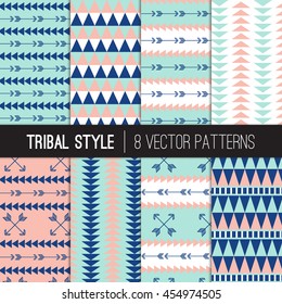 Tribal Style Geometric Patterns in Navy Blue, Coral Pink, Pastel Turquoise and White Triangles and Arrows. Boho Chic Backgrounds. Vector EPS File Includes Pattern Swatches Made with Global Colors.