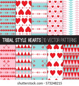 Tribal Style Hearts & Arrows Patterns. Aqua Blue, Red and Pink Valentine's Day Backgrounds. Aztec Style Geometric Textures. Vector Tile Swatches Included.