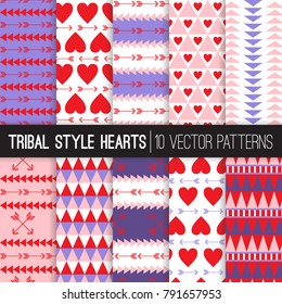 Tribal Style Hearts & Arrows Patterns. Valentine's Day Backgrounds. Red, Pink, Lavender and Ultra Violet - 2018 Color of the Year. Aztec Style Geometric Textures. Vector Tile Swatches Included.