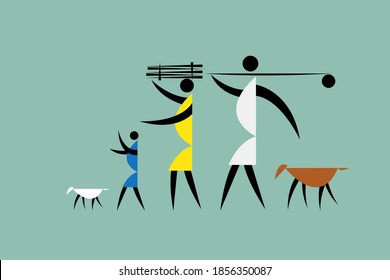 Tribal style illustration of a family gathering things from the forest