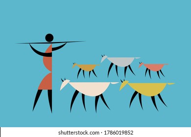 Tribal style illustration of a farmer with a herd of livestocks.