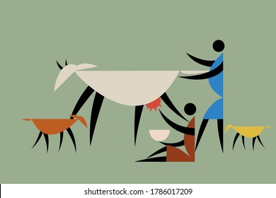 Tribal style illustration of a farmer milking the cows