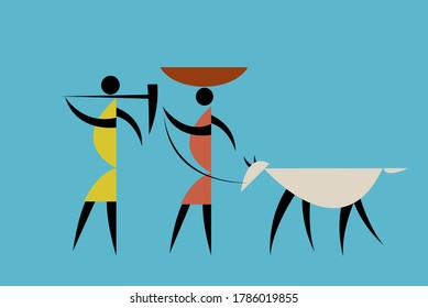 Tribal style illustration of farmers with livestocks.