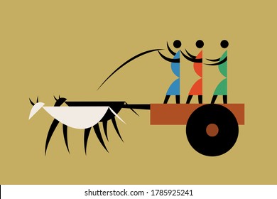 Tribal style illustration of farmers riding a bullock  cart