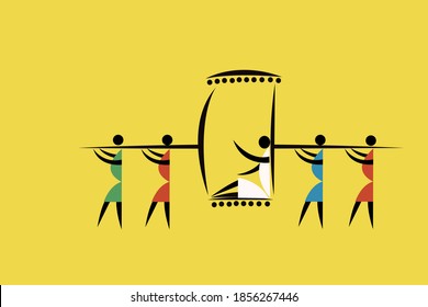 Tribal style illustration of people carrying their chief on a palanquin 
