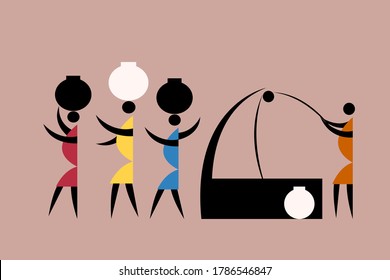 Tribal style illustration of people fetching water from the well