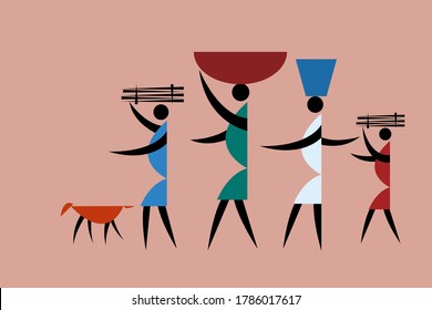 Tribal style illustration of people gathering things from the farm