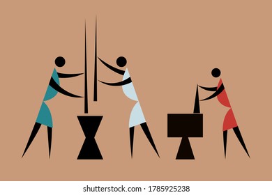 Tribal style illustration of people milling and grinding grains