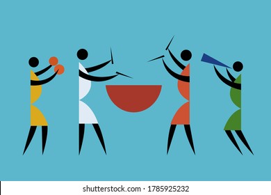 Tribal style illustration of people playing percussion instruments