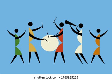 Tribal style illustration of people playing percussion instruments and celebrating