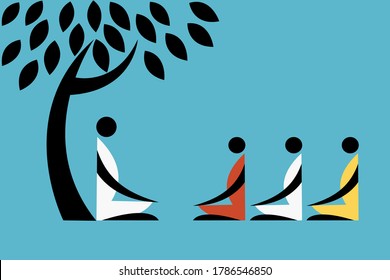 Tribal style illustration of students learning from a teacher under a tree