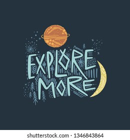 Tribal style nursery print with lettering. Explore more text. Moon and Saturn symbols. Scandinavian wall art, baby poster