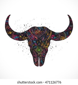 Tribal style on grunge background. Hand drawn vector illustration. Decorative indian bull scull 
