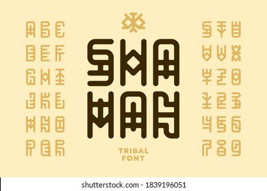 Tribal style Shaman font, alphabet letters and numbers vector illustration