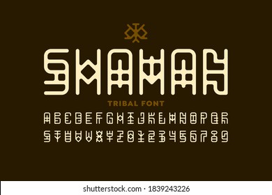 Tribal style Shaman font, alphabet letters and numbers vector illustration