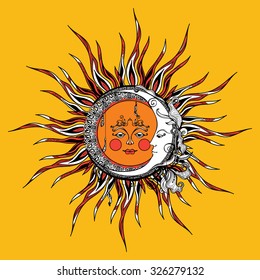 Tribal style sun and moon with antropomorphic face hand drawn vector illustration