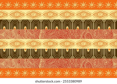 Tribal Sun und Eye Pattern mit geometrischen Streifen und abstrakten organischen Texturen in warmen Erdtönen afrikanisches Design für Textilien, Drucke, Telefonkoffer, Grußkarte, Hintergrund, bedruckte Stoffe