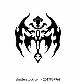 Espada Tribal Con Logo De Wings. Diseño de tatuajes. Ilustración de vectores de esténcil