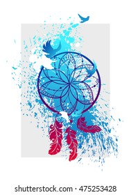 Tribal symbol of dreamcatcher with feathers and flying birds. Made with blot splatters. Art work can be used for t-shirt design.