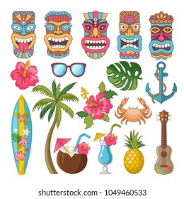 Tribal symbols of hawaiian and african culture. Vector african hawaii totem, mask of tribal culture tiki illustration