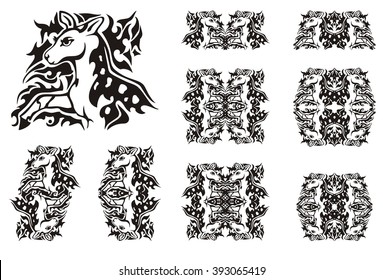 Tribal symbols of a little spotty deer. Silhouette of the young deer walking forward against the nature and decorative patterns from him