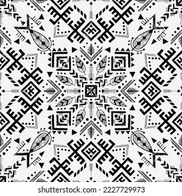 Tribal symbols seamless pattern, black white geometric decor. Archaic folk art. Ethnic background. Magic and magical art. Pagan signs. Vector illustration
