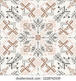 Tribal symbols seamless pattern, black white geometric decor. Archaic folk art. Ethnic background. Magic and magical art. Pagan signs. Vector illustration