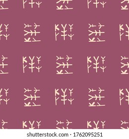 Tribal symbols seamless pattern isolated on red background. Ancient ethnic endless wallpaper. Doodle style vector illustration. Decorative backdrop for fabric design, textile print, wrapping.