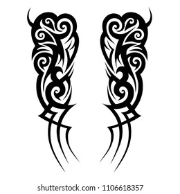tribal symmetric pattern elements for tattoo men right and left hand and shoulders, art deco idea tattoos  design body, vector couple celtic tribal design elements ornament on arms on white background