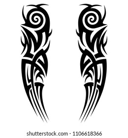 tribal symmetric pattern elements for tattoo men right and left hand and shoulders, art deco idea tattoos design body, vector couple celtic tribal design elements ornament on arms on white background