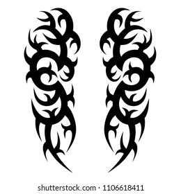 tribal symmetric pattern elements for tattoo men right and left hand and shoulders, art deco idea tattoos design body, vector couple celtic tribal design elements ornament on arms on white background