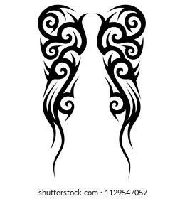tribal symmetric pattern elements for tattoo men right and left hand and shoulders, art deco idea tattoos design body, vector couple celtic tribal design elements ornament on arms on white background