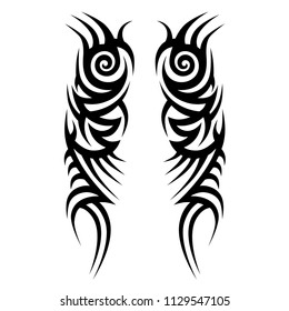 tribal symmetric pattern elements for tattoo men right and left hand and shoulders, art deco idea tattoos design body, vector couple celtic tribal design elements ornament on arms on white background