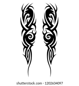 tribal symmetric pattern elements for tattoo men right and left hand and shoulders, art deco idea tattoos design body, vector couple celtic tribal design elements ornament on arms on white background