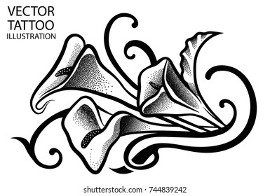 Tribal tattoo calla lilly on the back, chest, forearm, shoulder, calves legs. Tattoo sketch, black and white vector stencil tattoo. Female tattoo. Vector illustration on a white background.