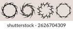 Tribal tattoo circle frames set - round borders made of swirling sharp thorn vines, black spiked curls forming rings. Vector design elements of gothic patterns, dark abstract decorative circular stamp