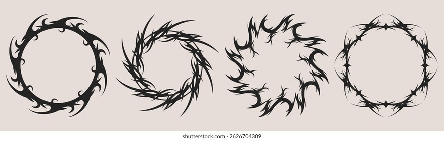 Quadros tribais do círculo da tatuagem ajustados - bordas redondas feitas de espinhos afiados girando, pretos picos curls formando anéis. Elementos de design vetorial de padrões góticos, selo circular decorativo abstrato escuro