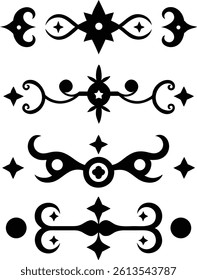 Tribal tattoo designs, symmetrical patterns, black and white, intricate swirls, sharp points, curved lines, abstract shapes, horizontal bands, ornamental motifs, Gothic elements, flowing forms, negati