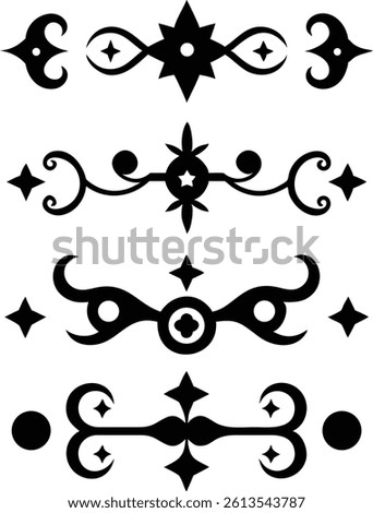 Tribal tattoo designs, symmetrical patterns, black and white, intricate swirls, sharp points, curved lines, abstract shapes, horizontal bands, ornamental motifs, Gothic elements, flowing forms, negati