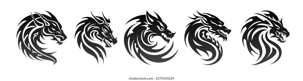 Tribal tattoo of the dragon head silhouette ornament flat style design vector illustration set isolated on white background. Chinese symbol and fantasy mascot monster for design ideas and tattoos.