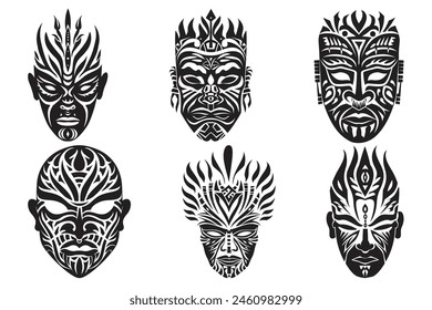 Tribal tattoo facemask black silhouette, Tribal mask silhouettes, African ancient totem religion face masks, Ritual masks vector illustration set of different shapes