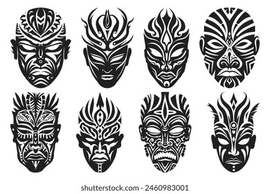 Tribal tattoo facemask black silhouette, Tribal mask silhouettes, African ancient totem religion face masks, Ritual masks vector illustration set of different shapes