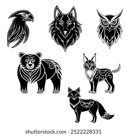 Raposa de tatuagem tribal, lince, urso, lobo, falcão, coruja. Conjunto de esboços de etiqueta de vetor preto no formato EPS 10