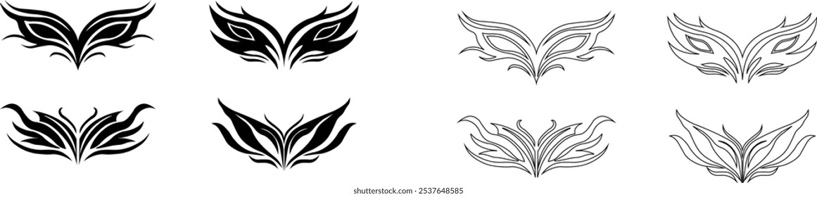 Tribal tattoo icons set. Silhouette flat and line black vector isolated on transparent background Neo tribal y2k aesthetic tattoo gothic cover, fire or wings abstract element collection. Divider body.