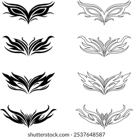 Tribal tattoo icons set. Silhouette flat and line black vector isolated on transparent background Neo tribal y2k aesthetic tattoo gothic cover, fire or wings abstract element collection. Divider body.