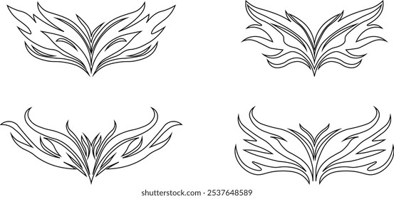 Tribal tattoo icons set. Silhouette flat and line black vector isolated on transparent background Neo tribal y2k aesthetic tattoo gothic cover, fire or wings abstract element collection. Divider body.